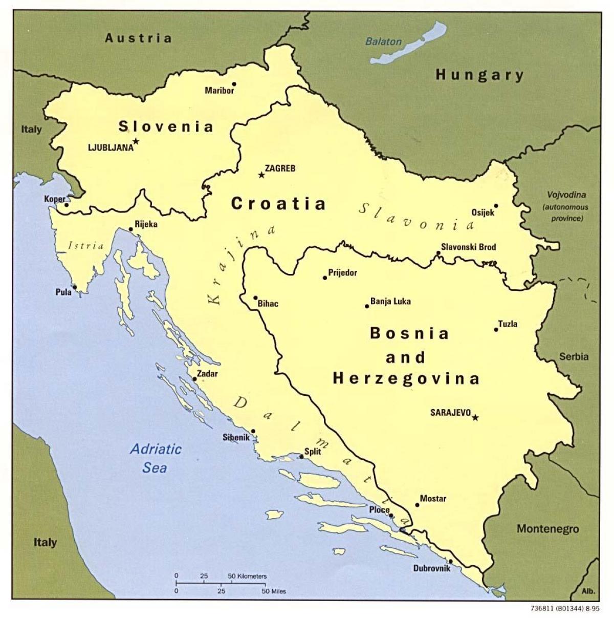 mapa de Bosnia e Hercegovina e os países veciños